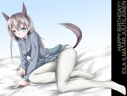  animal_ears awa_yume blue_eyes eila_ilmatar_juutilainen feet fox_ears fox_tail happy_birthday legs long_hair lying military military_uniform pantyhose silver_hair solo strike_witches tail uniform white_legwear white_pantyhose 