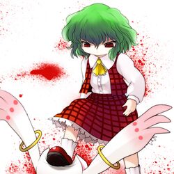  blood green_hair highres kazami_yuuka kyubey kyuubee mahou_shoujo_madoka_magica plaid plaid_skirt plaid_vest red_eyes short_hair skirt skirt_set stepped_on tartan touhou youkai yume_shokunin 