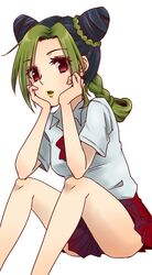  1girl acome_(maltese) black_hair braid double_bun green_hair jojo_no_kimyou_na_bouken kuujou_jolyne lipstick makeup multicolored_hair pleated_skirt red_eyes skirt solo two-tone_hair young 