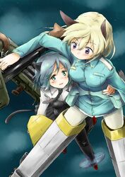 animal_ears blonde_hair blush cat_ears eila_ilmatar_juutilainen fox_ears green_eyes gun highres hug itsuki_kuro long_hair machine_gun mg42 military military_uniform multiple_girls necktie pantyhose purple_eyes rifle rocket_launcher sanya_v_litvyak short_hair silver_hair sky smile star strike_witches striker_unit tail uniform violet_eyes weapon white_legwear white_pantyhose 