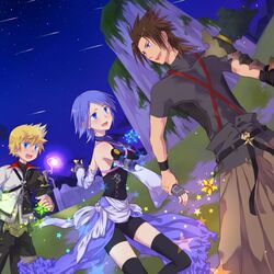  black_legwear black_thighhighs blonde_hair blue_eyes blue_hair blush brown_hair detached_sleeves fingerless_gloves gloves hakama highres japanese_clothes kingdom_hearts kingdom_hearts_birth_by_sleep night okitune-sama shooting_star terra_(kingdom_hearts) thigh-highs thighhighs ventus 