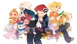  ahoge alternate_costume bad_id bag beanie black_hair blonde_hair blue_hair boots candy chimchar coat feeding food hair_ornament hairclip hat hikari_(pokemon) hikari_(pokemon)_(remake) jun_(pokemon) kouki_(pokemon) kouki_(pokemon)_(remake) long_hair open_mouth piplup pokemon pokemon_(game) pokemon_dppt red_eyes scarf short_hair sitting smile starly thigh-highs thighhighs turtwig wink winter_clothes yellow_eyes 