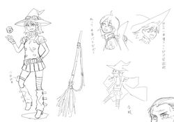  1girl alternate_costume belt broom full_body goggles hand_on_hip hat hat_removed headwear_removed kirisame_marisa kuroi_yasu mini-hakkero miniskirt monochrome short_hair skirt tears touhou translation_request 