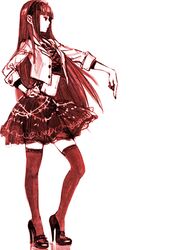  1girl hand_on_hip high_heels long_hair monochrome navel original outstretched_arm pointing profile shoes simple_background sketch skirt solo standing thigh-highs uraki_(tetsu420) white_background zettai_ryouiki 