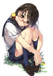  1girl brown_eyes brown_hair btoor flower glasses long_hair original ponytail school_uniform serafuku sitting skirt smile solo 