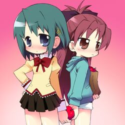  bag blue_eyes blue_hair blush bow chibi food fruit hair_bow hair_ornament hairclip holding holding_apple holding_fruit jacket kanibasami long_hair mahou_shoujo_madoka_magica miki_sayaka ponytail red_eyes red_hair redhead sakura_kyouko school_uniform short_hair shorts skirt 