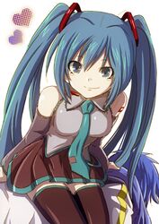  aqua_hair blue_hair detached_sleeves hatsune_miku human_chair human_furniture kaito long_hair moai_(moai_world) necktie scarf sitting skirt smile thigh-highs thighhighs twintails very_long_hair vocaloid 