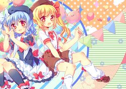  2girls :3 alternate_costume balloon black_legwear blonde_hair blue_hair bow capelet cat flandre_scarlet hair_bow hat kneehighs leg_warmers looking_at_viewer multiple_girls necktie open_mouth pf red_eyes remilia_scarlet school_uniform shirt short_sleeves siblings side_ponytail sisters skirt smile touhou white_legwear 
