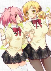  arch_(artist) blonde_hair drill_hair hair_ribbon hand_holding holding_hands kaname_madoka long_hair mahou_shoujo_madoka_magica multiple_girls pantyhose pink_eyes pink_hair plum_(arch) ribbon school_uniform short_hair short_twintails thigh-highs thighhighs tomoe_mami twin_drills twintails yellow_eyes 