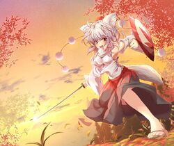  1girl animal_ears autumn detached_sleeves dutch_angle hat highres inubashiri_momiji leaf open_mouth outdoors pekoneko pom_pom_(clothes) red_eyes shield short_hair silver_hair skirt solo sunrise sword tail tokin_hat weapon wolf_ears wolf_tail 
