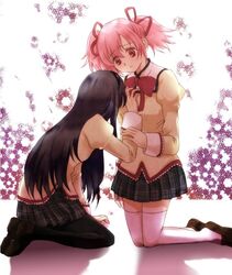  bcmg123 black_hair juugatsu_porte kaname_madoka kneeling long_hair mahou_shoujo_madoka_magica pantyhose pink_eyes pink_hair school_uniform short_twintails thigh-highs thighhighs twintails white_legwear white_thighhighs 