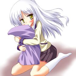  hug long_hair pillow school_uniform tachibana_kanade tenshi_(angel_beats!) white_hair wizard_erk yellow_eyes 