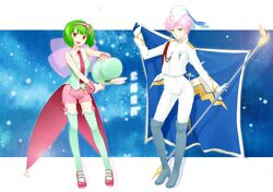  boots bow flag garters gloves green_legwear hairband hat highres macross macross_frontier mary_janes military military_uniform multiple_girls musical_note nagian open_mouth polka_dot polka_dot_legwear ranka_lee sheryl_nome shoes shorts smile thigh-highs thighhighs translation_request uniform wings wrist_cuffs 