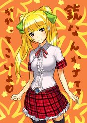  belt black_legwear black_thighhighs blonde_hair brown_eyes delta_zone plaid ribbon tartan thigh-highs thighhighs transformers translation_request 