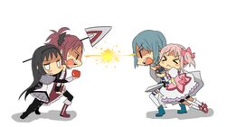  >_< akemi_homura anger_vein apple arguing blush bubble_skirt chibi eye_contact food fruit highres hug hug_from_behind kaname_madoka looking_at_another magical_girl mahou_shoujo_madoka_magica meno miki_sayaka multiple_girls pantyhose polearm ponytail sakura_kyouko shoes spear sword weapon 
