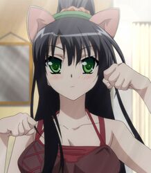  animal_ears black_hair blush cat_ears cat_pose green_eyes highres kore_wa_zombie_desu_ka? paw_pose ponytail screencap seraphim_(kore_wa_zombie_desu_ka?) stitched sunbeam 