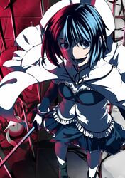  blue_hair cape gloves highres juu_ho kyubey kyuubee mahou_shoujo_madoka_magica miki_sayaka short_hair sword tears thigh-highs thighhighs weapon 