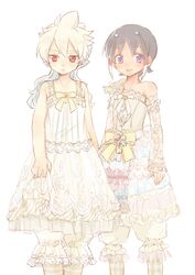  2boys crossdressing dress hair_ornament hakuryuu_(inazuma_eleven) inazuma_eleven_(series) inazuma_eleven_go long_hair male multicolored_hair multiple_boys red_eyes short_hair shuu_(inazuma_eleven) smile tobi_(one) two-tone_hair white_background 