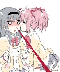  akemi_homura black_hair blood blush bow cheek_kiss cheek_pinch cheek_pinching closed_eyes epic_nosebleed eyes_closed hairband heart kaname_madoka kiss kyubey kyuubee long_hair long_sleeves mahou_shoujo_madoka_magica miz_01 mizuki_(koko_lost) multiple_girls nosebleed open_mouth pinch pinching profile rough school_uniform short_twintails skirt thighhighs twintails white_legwear yuri 