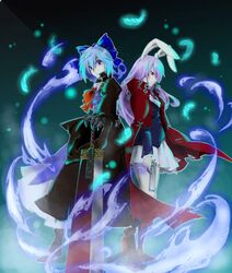  animal_ears back-to-back blazer blue_dress blue_eyes blue_hair boots bow bunny_ears buster_sword cape cirno dress feathers gloves gun hair_bow handgun highres kemonomimi kutsu long_hair miniskirt necktie purple_hair red_eyes reisen_udongein_inaba ribbon short_hair skirt standing sword touhou usamimi weapon 