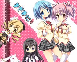  blonde_hair blue_eyes blue_hair blush chibi drill_hair hair_ornament hairclip highres kaname_madoka kyubey kyuubee magical_girl mahou_shoujo_madoka_magica miki_sayaka nanaroba_hana pink_eyes pink_hair polka_dot school_uniform short_hair thigh-highs thighhighs tomoe_mami white_legwear white_thighhighs zettai_ryouiki 