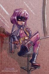  :t belt blood boots cape crossed_legs donpapi drinking hit-girl kick-ass knife legs_crossed looking_up mask purple purple_hair sitting skirt solo straw utility_belt 