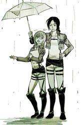  2girls boots christa_renz hand_on_hip height_difference jacket moconaaa monochrome multiple_girls rain shingeki_no_kyojin umbrella ymir_(shingeki_no_kyojin) 