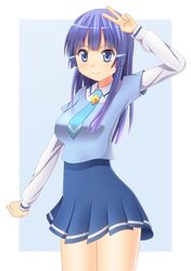  1girl aoki_reika blue_background blue_eyes blue_hair blush breasts dress hair_ornament hairpin long_hair long_sleeves necktie precure school_uniform smile_precure! tobirakaiho v 