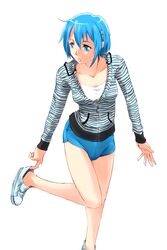  1girl blue_eyes blue_hair collarbone hair_ornament hairclip highres hoodie huziki1979hiro0818 mahou_shoujo_madoka_magica miki_sayaka short_hair short_shorts shorts simple_background solo white_background zipper 