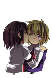  8bit bad_id black_hair bust cheek_kiss closed_eyes eyes_closed hand_on_shoulder highres kiss kiss_on_cheek maribel_hearn multiple_girls no_hat no_headwear purple_eyes ryoki_(8bit) short_hair touhou usami_renko violet_eyes wink yuri 