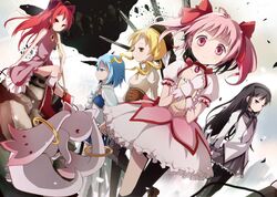 black_hair black_legwear black_pantyhose blue_eyes blue_hair bubble_skirt dutch_angle gun hat highres kaname_madoka kyubey kyuubee long_hair magical_girl magical_musket mahou_shoujo_madoka_magica miki_sayaka pantyhose pink_eyes pink_hair red_eyes red_hair redhead rifle sakura_kyouko taicho128 tomoe_mami twintails weapon yellow_eyes 