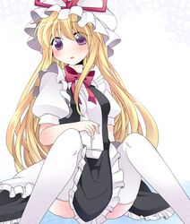  1girl :o alternate_costume apron blonde_hair blush bow commentary_request enmaided hair_bow hammer_(sunset_beach) hat hat_ribbon long_hair maid revision ribbon sitting solo thigh-highs touhou violet_eyes white_legwear yakumo_yukari 