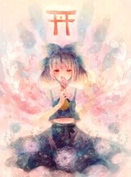  ascot blue_eyes blue_hair bow cirno dress flower hair_bow navio ofuda petals short_hair solo torii touhou 