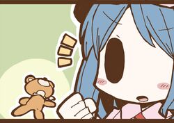  1girl adomi blue_hair comic millipen_(medium) remilia_scarlet solo stuffed_animal stuffed_toy teddy_bear touhou traditional_media 