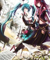  aqua_eyes aqua_hair armband blush detached_sleeves hatsune_miku hatsune_miku_(append) highres instrument long_hair megurine_luka miku_append multiple_girls notes open_mouth piano pink_hair sitting standing stu_dts twintails vocaloid vocaloid_append 