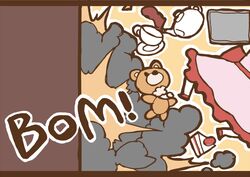  1girl adomi comic millipen_(medium) solo stuffed_animal stuffed_toy teddy_bear touhou traditional_media 