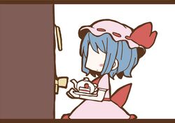  1girl adomi blue_hair comic hat hat_ribbon millipen_(medium) remilia_scarlet ribbon solo touhou traditional_media 