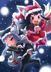  2girls animal_ears bell black_hair blue_hair blush fox_ears fox_tail hat jingle_bell long_hair multiple_girls open_mouth original red_eyes santa_hat smile snowing tail ukan_muri wink 