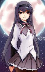  akemi_homura arms_behind_back expressionless full_moon hairband highres long_hair magical_girl mahou_shoujo_madoka_magica moon pantyhose solo taka-kun 