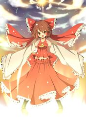  bow brown_hair cloud clouds detached_sleeves gamuo hair_bow hakurei_reimu miko navel red_eyes short_hair sky solo sun touhou 