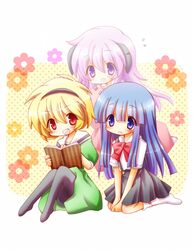  blonde_hair blue_eyes blue_hair book fang floral_background flower furude_rika hairband hanyuu higurashi_no_naku_koro_ni horns houjou_satoko okuo open_mouth pantyhose purple_eyes purple_hair reading school_uniform seiza short_hair sitting skirt violet_eyes 