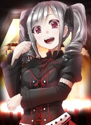  1girl breasts drill_hair grey_hair highres idolmaster idolmaster_cinderella_girls kanzaki_ranko long_hair open_mouth red_eyes smile solo twin_drills yunodon0315 