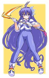  1girl absurdly_long_hair demon_tail gomamiso_sti miwajou original scythe simple_background smile solo tail yellow_background 