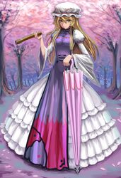  absurdres bad_id blonde_hair closed_fan closed_umbrella dress fan folding_fan forest hat highres long_hair nature paper_fan solo standing tabard touhou tsukikanade umbrella yakumo_yukari yellow_eyes 