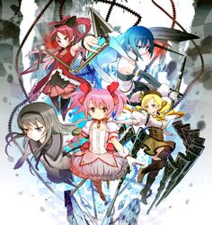  akemi_homura bad_id bubble_skirt gun highres kaname_madoka magical_girl magical_musket mahou_shoujo_madoka_magica miki_sayaka multiple_girls nagasawa_shin pantyhose polearm rifle sakura_kyouko spear sword thighhighs thorns tomoe_mami weapon 