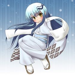  blush footwear japanese_clothes kimono long_hair mizukiryan multicolored_hair nurarihyon_no_mago obi sandals scarf smile socks solo yellow_eyes yuki_onna_(nurarihyon_no_mago) 