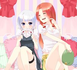  2girls apron blue_eyes blush braid closed_eyes covering_mouth dress hair_ribbon hat hat_removed headwear_removed hong_meiling izayoi_sakuya long_hair maid maid_headdress multiple_girls redhead ribbon shirt short_hair short_sleeves silver_hair skirt smile star twin_braids usacan 