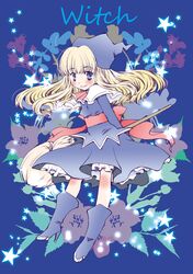  1girl blonde_hair blue_background blue_eyes boots broom character_name dress floral_background hat long_hair madou_monogatari necktie okasama_ranchi puyopuyo shawl smile solo witch_(puyopuyo) 