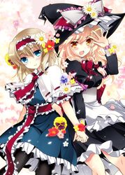  2girls alice_margatroid blonde_hair blue_eyes capelet dress frills hair_ribbon hairband hat holding_hands ichiyou_moka kirisame_marisa multiple_girls open_mouth pantyhose ribbon smile touhou witch_hat yellow_eyes 