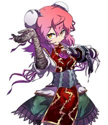  1girl bandages bun_cover chinese_clothes double_bun flower ibaraki_kasen ichigatsu_toshikazu mouth_hold pink_eyes pink_hair rose short_hair simple_background skirt solo touhou white_background yellow_eyes 